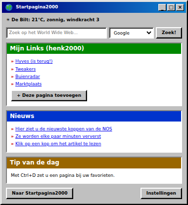 De extensie: een klein Windows 98-venster met het weer, een zoekbalk, Mijn Links en het nieuws.